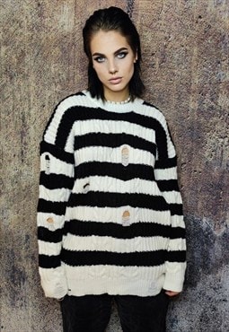 Horizontal stripe sweater ripped jumper grunge top in black