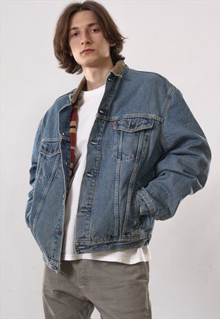 90S VINTAGE MEN LEVIS TRUCKER JEANS DENIM JACKET WOOL LINING