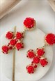 GOLD DROP DOORKNOCKER BAROQUE CROSS RED FLOWER EARRINGS