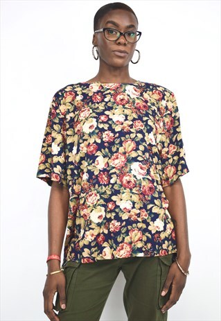 VINTAGE 90S RED BLUE FLORAL PRINT BOXY TOP