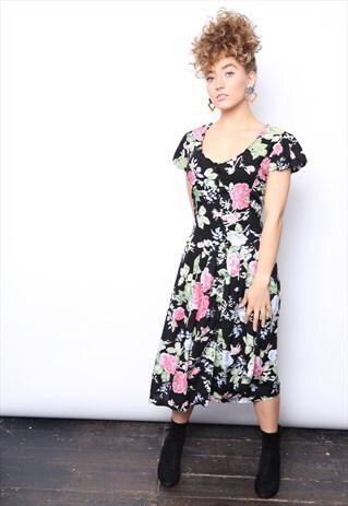 VINTAGE 90S DARK FLORAL MIDI BUTTON DRESS