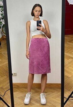 Pink Suede Leather Midi Skirt with slit