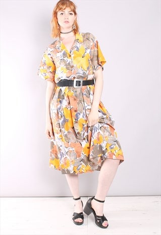 VINTAGE 80S FLORAL BUTTON MIDI SHIRT DRESS