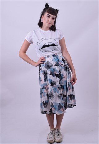 VINTAGE 90'S BLUE PINK CRAZY PRINT MIDI SKIRT SIZE 6 8 10