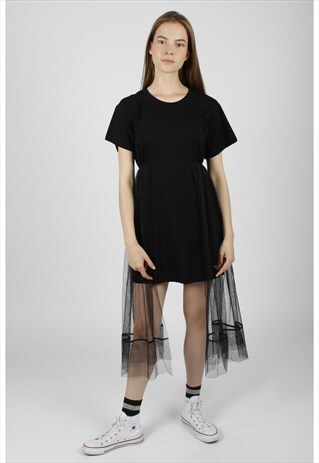 BLACK T-SHIRT DRESS WITH MESH HALF-SKIRT