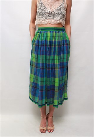 VINTAGE 80' UNIQUE BEAUTIFUL BLUE CHECKED MIDI SKIRT