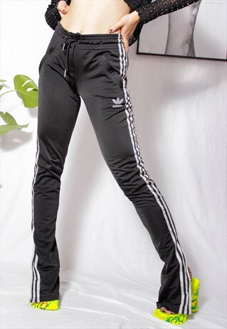 90S GRUNGE Y2K SPORT GOTH BLACK ADIDAS OPEN-LEG JOGGER PANTS