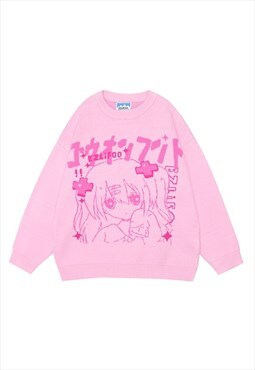 Anime girl sweater Japanese cartoon knitted jumper in pink