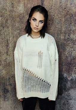 Transparent sweater ripped jumper sheer knitted top in cream