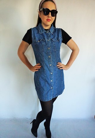 VINTAGE MIDI MINI DENIM DRESS DRESSES DARK SARAFAN OVERALL