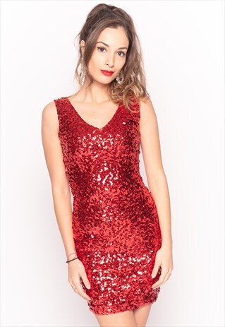 V NECK SEQUIN PARTY DRESS IN RED COLOR SHORT MINI LENGTH