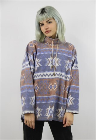 VINTAGE 90S PATTERNED FLEECE ZIP UP JUMPER