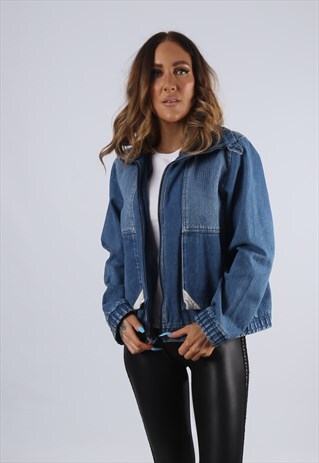 VINTAGE DENIM BOMBER JACKET BOXY FIT UK S 10 (GJ2U)