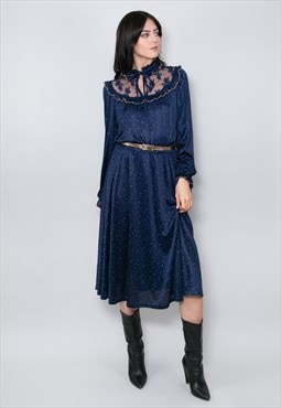 70's Ladies Vintage Dress Blue Ruffle Lace Prairie Midi