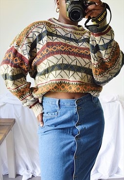 Vintage 90s Patterned Jumper Chunky Knit Cream