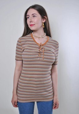 Vintage beige striped pullover lace blouse, Size XL