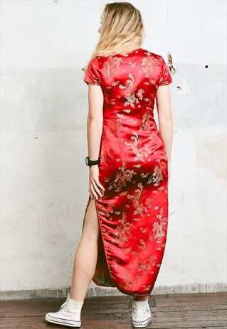 VINTAGE CHINESE CHEONGSAM RED SATIN MAXI DRESS