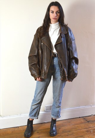 1980S VINTAGE BROWN HEAVYWEIGHT LINED LEATHER BIKER JACKET