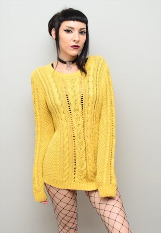 VINTAGE 1990'S GRUNGE MUSTARD ARAAN KNIT SLOUCHY JUMPER