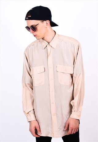 VINTAGE 90S BEIGE MINIMALIST LONG SLEEVE SILK SHIRT