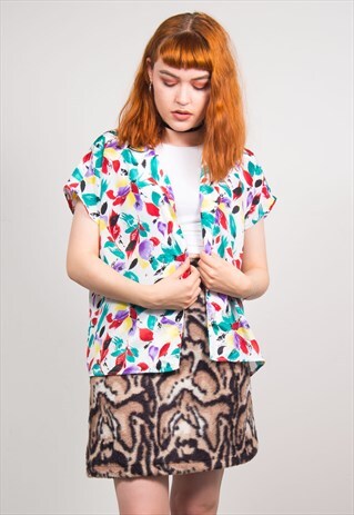 COLOURFUL FLORAL PATTERN OPEN COLLAR SHIRT BLOUSE