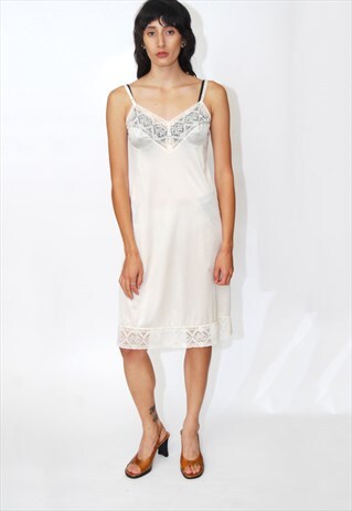 VINTAGE SLIP DRESS (S) IVORY WHITE 70S LACE LINGERIE NIGHTY