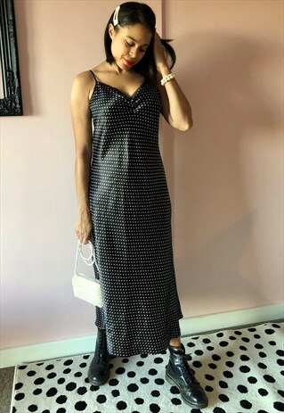 VINTAGE 90S GRUNGE BLACK POLKA DOT SLIP DRESS