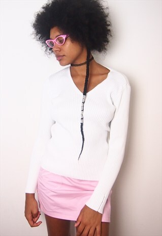 WHITE RIBBED KNITWEAR SWEATER