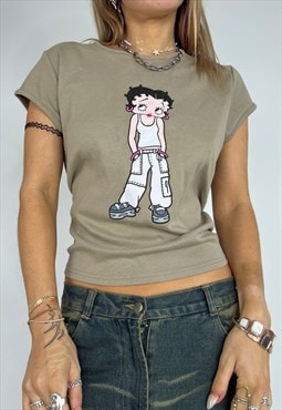 Vintage Y2k Betty Boom Baby Tee Top Khaki Graphic 2000s