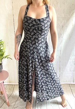 Vintage Dark Blue Floral Cross Back 90's Maxi Dress