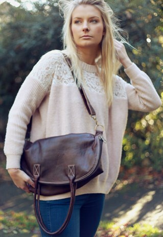 LEATHER TOTE BAG CROSS BODY SHOULDER BAG FOLD OVER TOP