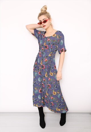 VINTAGE 90S BLUE FLORAL CHECK BUTTON MIDI DRESS