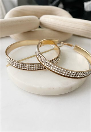 GOLD DIAMANTE DROP DIAMANTE RHINESTONE HOOP CIRCLE EARRINGS