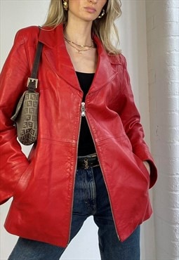 Vintage Y2k Red Leather Dual Zip Jacket Preppy Grunge