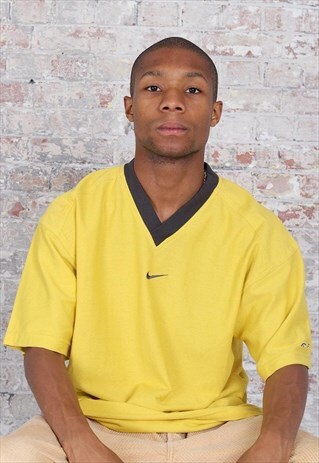 VINTAGE NIKE MIDDLE LOGO V-NECK T-SHIRT YELLOW BLACK