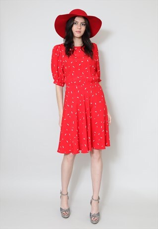 70'S VINTAGE LADIES DRESS RED WHITE PUFF SLEEVE BATWING
