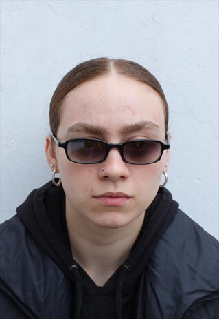 VINTAGE BLACK Y2K MINIMAL FRAME SLIM OMBRE LENS SUNGLASSES