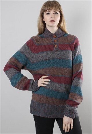 VINTAGE 80S THICK KNIT STRIPE PATTERNED JUMPER