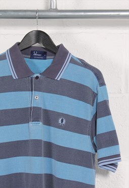 Vintage Fred Perry Polo Shirt Blue Stripe Short Sleeve Large