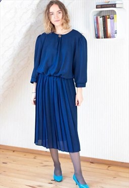 Dark blue navy pleated skirt round collar vintage dress