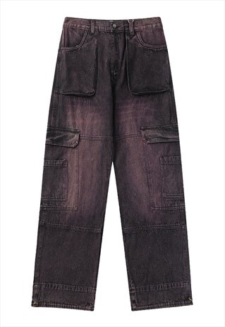 Cargo pocket jeans bleached utility denim pants in purple