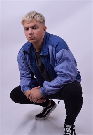 VINTAGE 90'S FULL ZIP BLUE SHELL WINDBREAKER JACKET MEDIUM