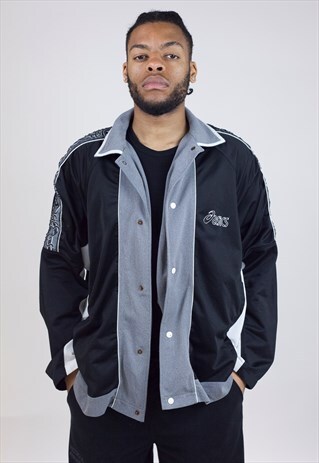 VINTAGE ASICS GREY/BLACK BUTTON-UP 90'S JACKET