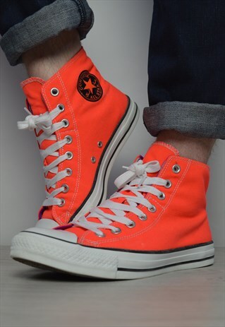 90S CONVERSE NEON ORANGE PURPLE BEIGE DOUBLE TONGUE HI-TOPS