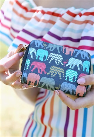 COLOURFUL ELEPHANTS ZIP AROUND VEGAN WALLET PURSE CARDHOLDER