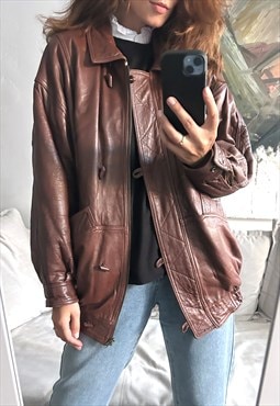 80s Brown Real Leather Bomber Jacket - Large 