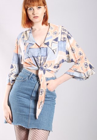 VINTAGE 80S FLARED RUFFLE SLEEVE TIE UP CROP TOP