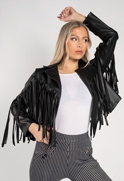 justyouroutfit Black Faux Leather Fringe Cropped Jacket