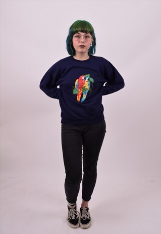 VINTAGE 80'S BLUE PARROT GRANNY SWEATER SIZE 4 6 8 10