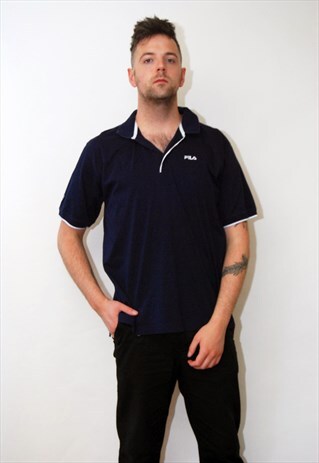 VINTAGE FILA POLO (L) NAVY 90S SHIRT TENNIS SPELLOUT TOP